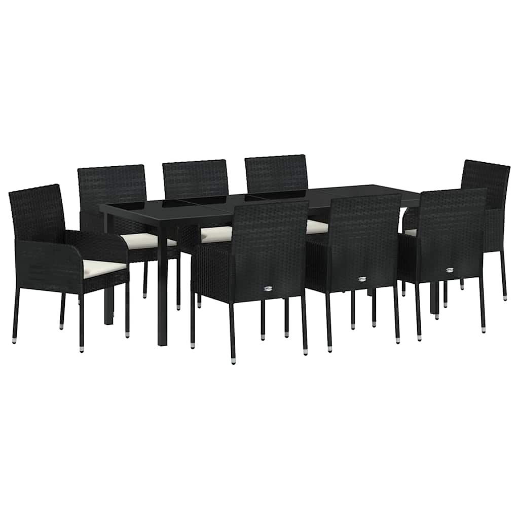 Tuin Eettafelset Met Kussen 9 Pcs Zwart Poly Rattan