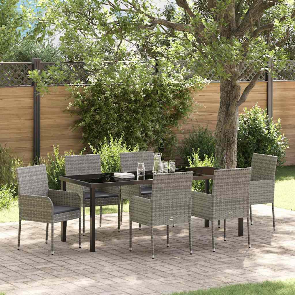 Tuin eettafelset met kussen 7 pcs Grijs poly rattan