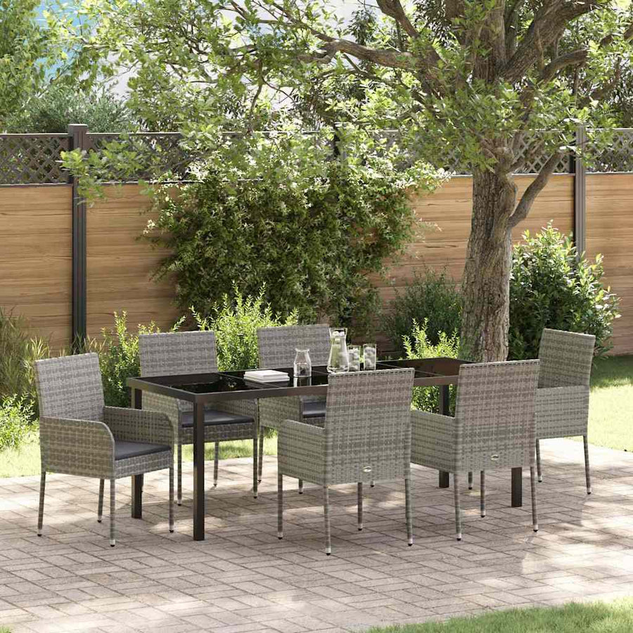Tuin eettafelset met kussen 7 pcs Grijs poly rattan
