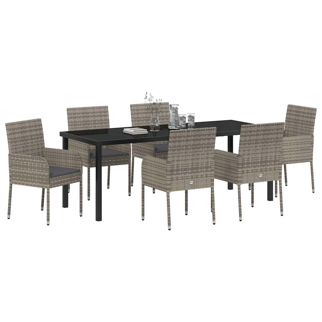 Tuin eettafelset met kussen 7 pcs Grijs poly rattan