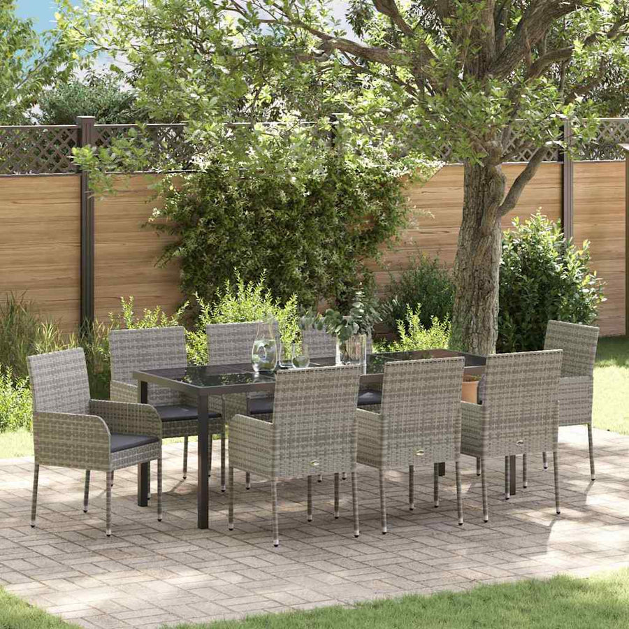 Tuin Eettafelset Met Kussen 9 Pcs Grijs Poly Rattan