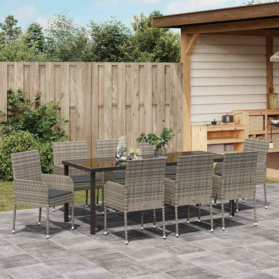 Tuin Eettafelset Met Kussen 9 Pcs Grijs Poly Rattan