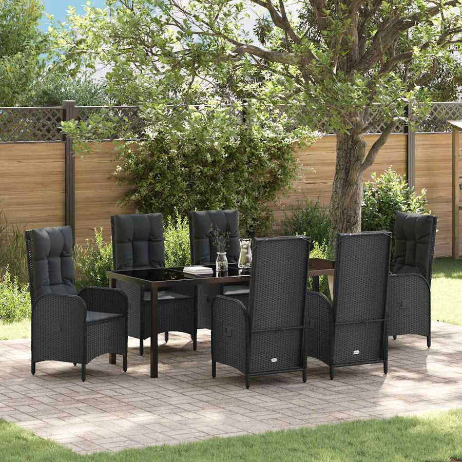 Tuin Eettafelset Met Kussen 7 Pcs Zwart Poly Rattan