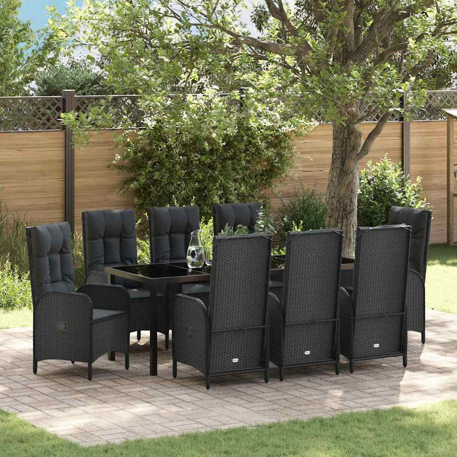 Tuin Eettafelset Met Kussen 9 Pcs Zwart Poly Rattan