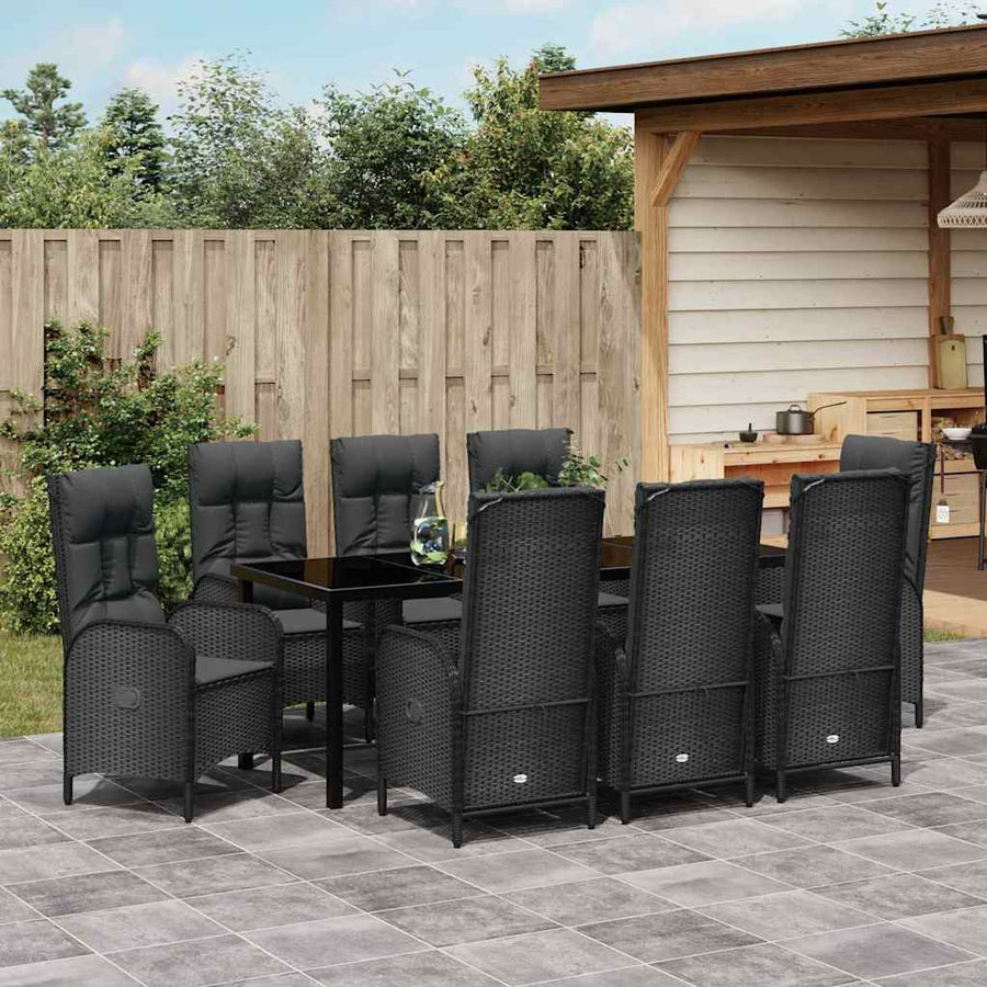 Tuin Eettafelset Met Kussen 9 Pcs Zwart Poly Rattan