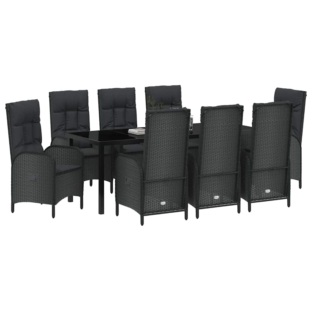 Tuin Eettafelset Met Kussen 9 Pcs Zwart Poly Rattan