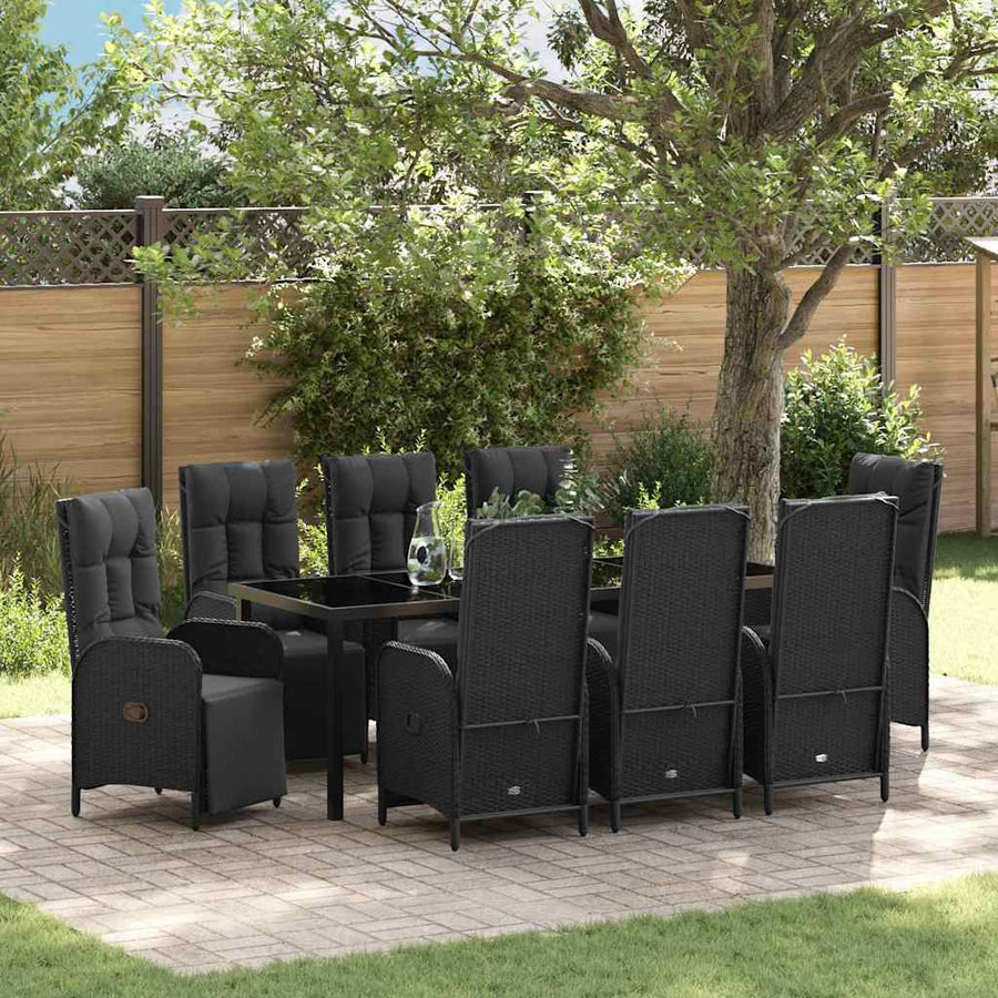 Tuin Eettafelset Met Kussen 9 Pcs Zwart Poly Rattan