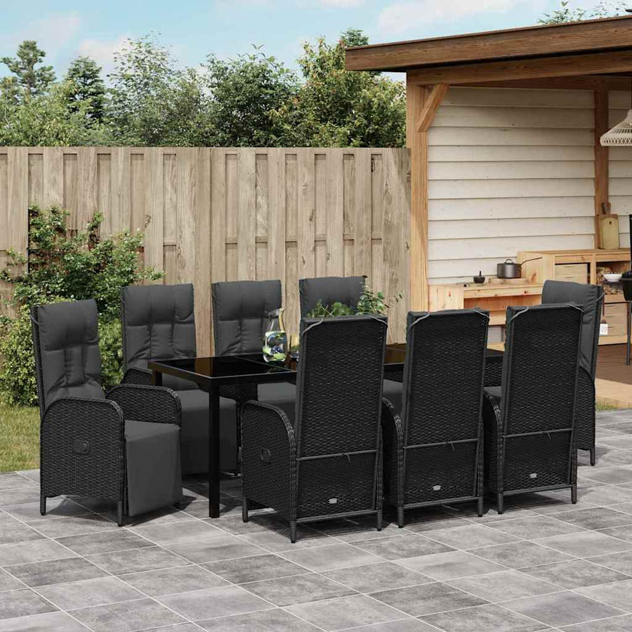 Tuin Eettafelset Met Kussen 9 Pcs Zwart Poly Rattan