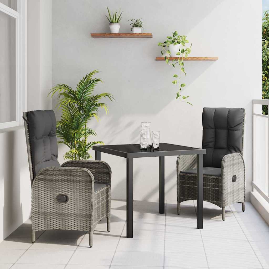 Tuin eettafelset met kussen 3 pcs Grijs poly rattan