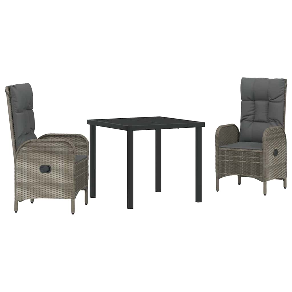 Tuin eettafelset met kussen 3 pcs Grijs poly rattan