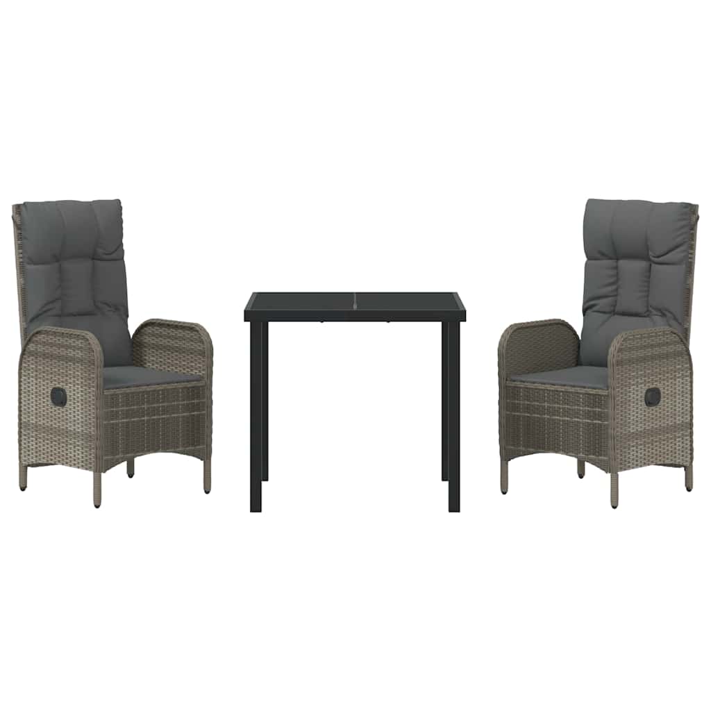 Tuin eettafelset met kussen 3 pcs Grijs poly rattan