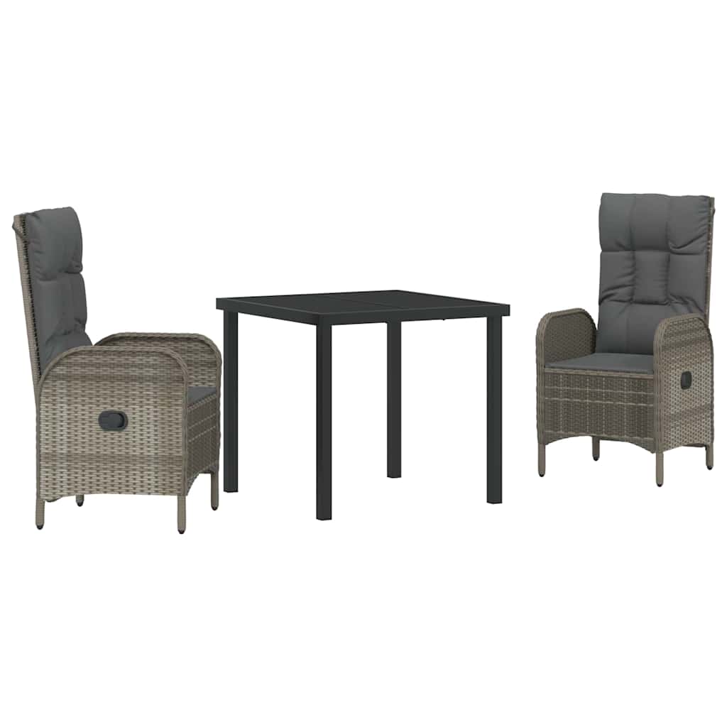 Tuin eettafelset met kussen 3 pcs Grijs poly rattan