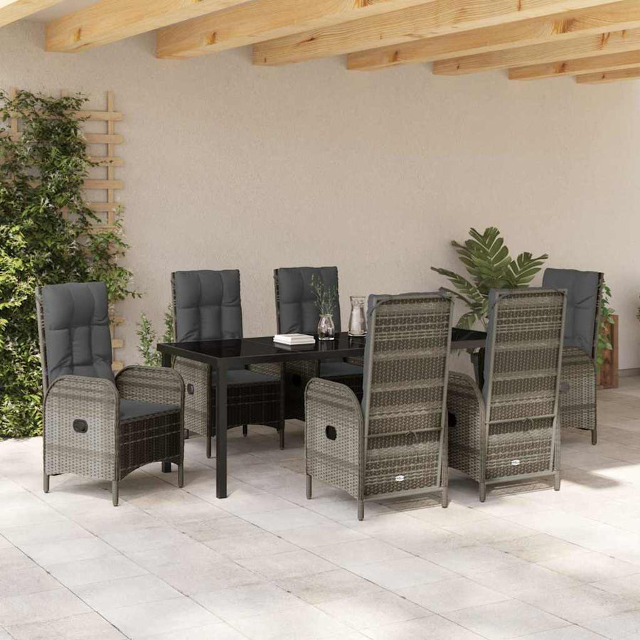 Tuin eettafelset met kussen 7 pcs Grijs poly rattan