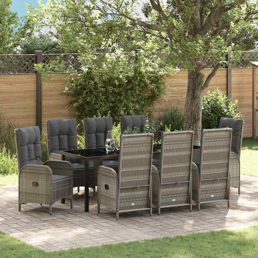 Tuin eettafelset met kussen 9 pcs Grijs poly rattan
