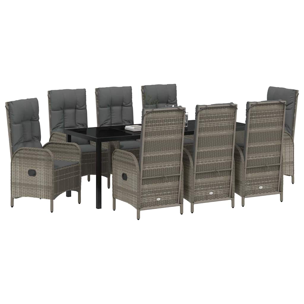 Tuin eettafelset met kussen 9 pcs Grijs poly rattan