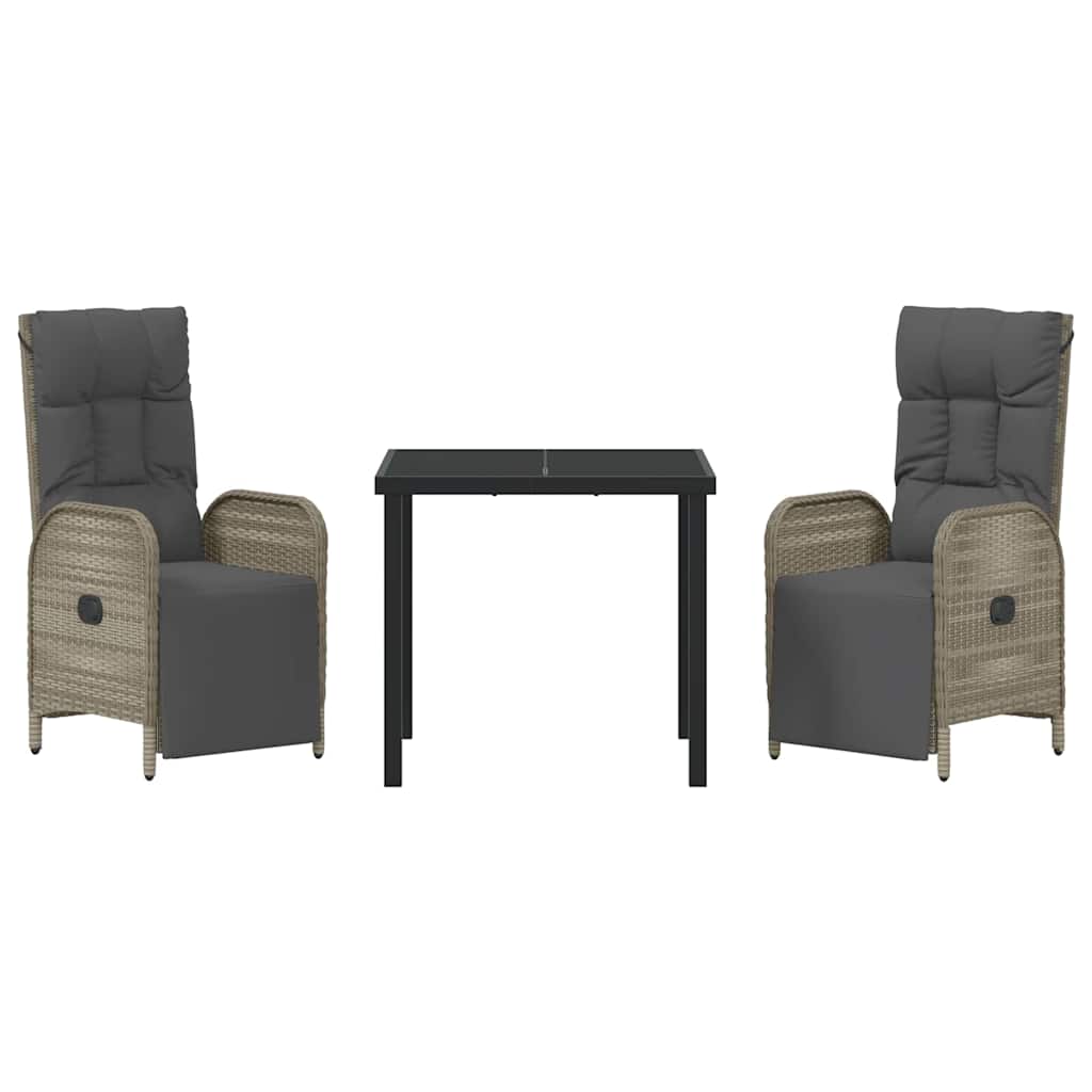 Tuin eettafelset met kussen 3 pcs Grijs poly rattan