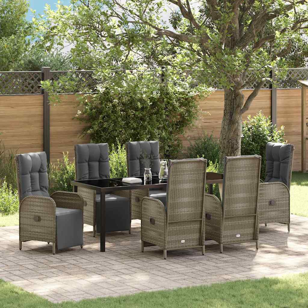 Tuin eettafelset met kussen 7 pcs Grijs poly rattan