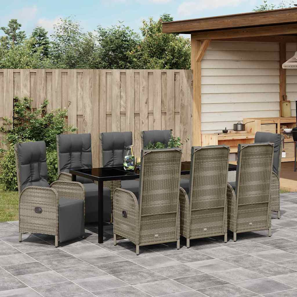 Tuin eettafelset met kussen 9 pcs Grijs poly rattan