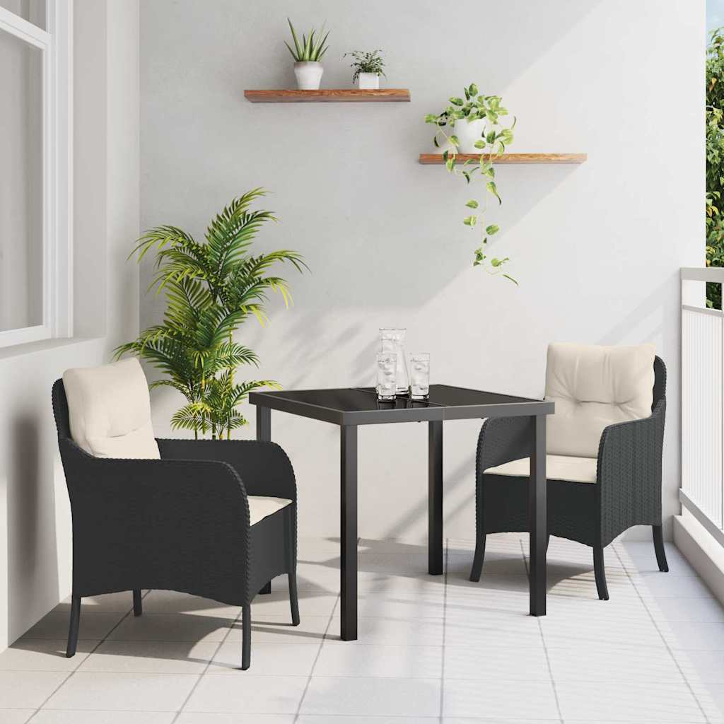 Tuin eettafelset met kussen 3 pcs Zwart poly rattan