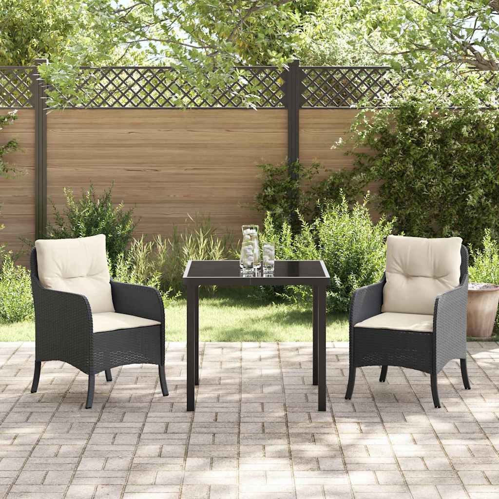 Tuin eettafelset met kussen 3 pcs Zwart poly rattan