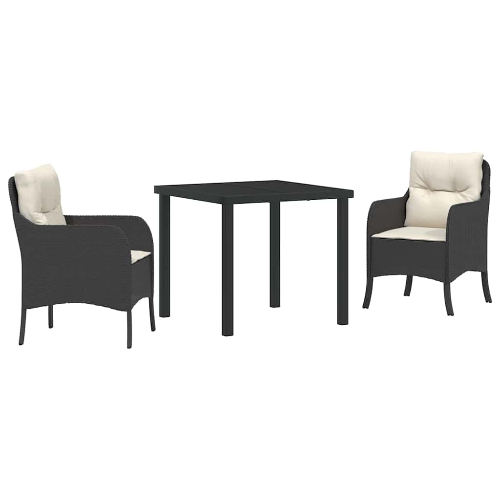 Tuin eettafelset met kussen 3 pcs Zwart poly rattan