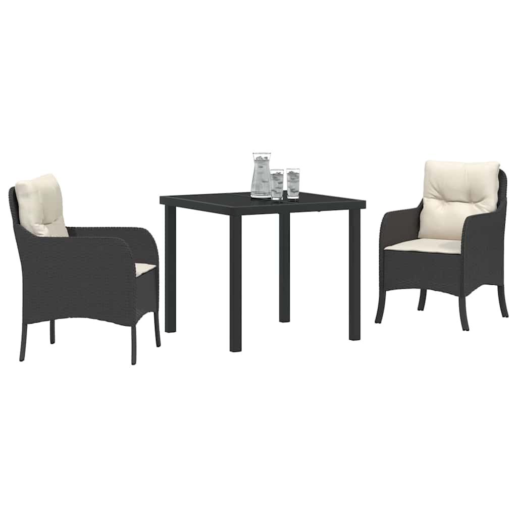 Tuin eettafelset met kussen 3 pcs Zwart poly rattan