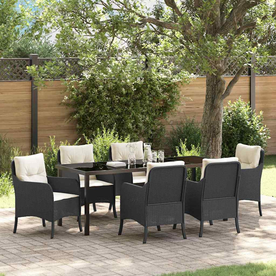 Tuin Eettafelset Met Kussen 7 Pcs Zwart Poly Rattan