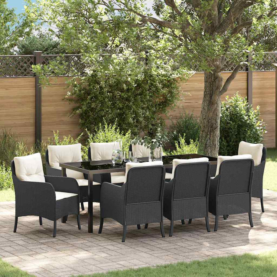 Tuin Eettafelset Met Kussen 9 Pcs Zwart Poly Rattan