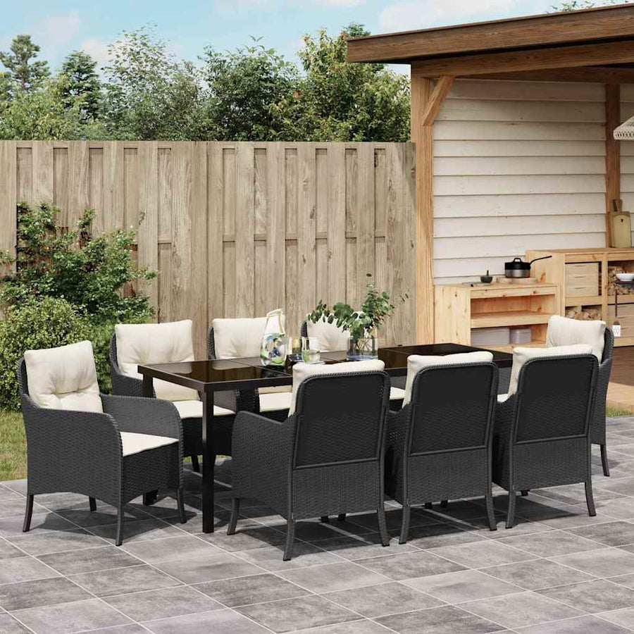 Tuin Eettafelset Met Kussen 9 Pcs Zwart Poly Rattan
