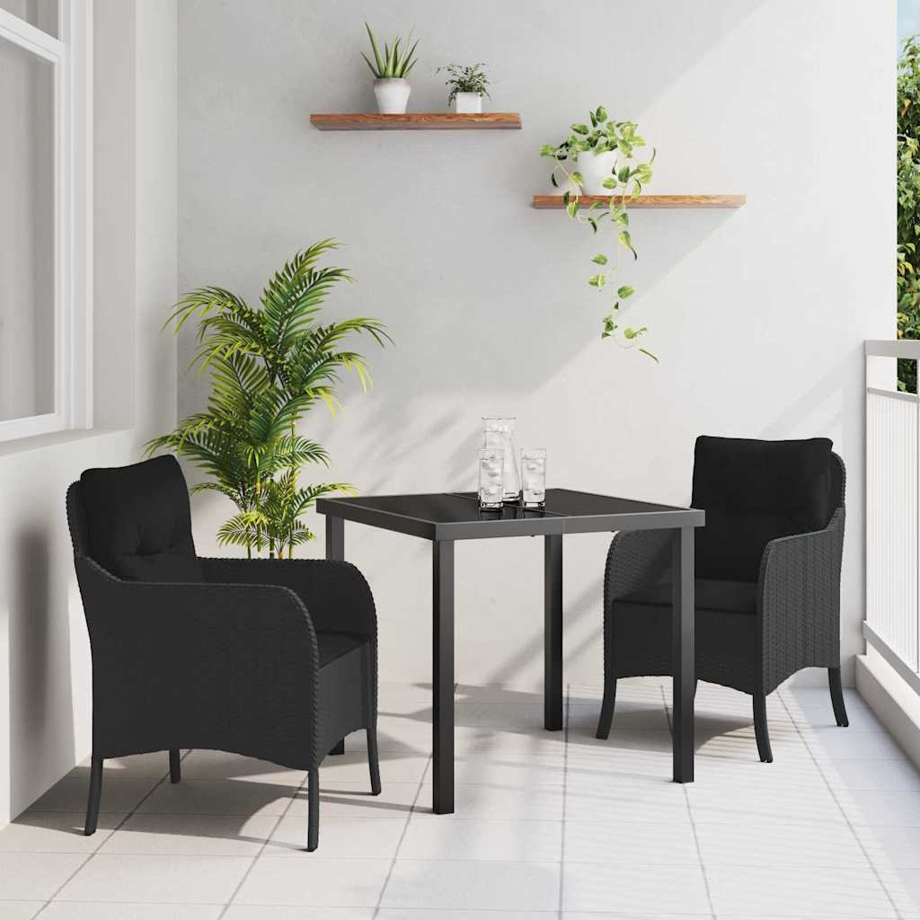 Tuin eettafelset met kussen 3 pcs Zwart poly rattan