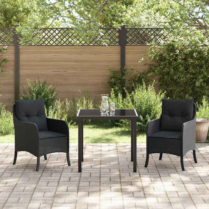 Tuin eettafelset met kussen 3 pcs Zwart poly rattan