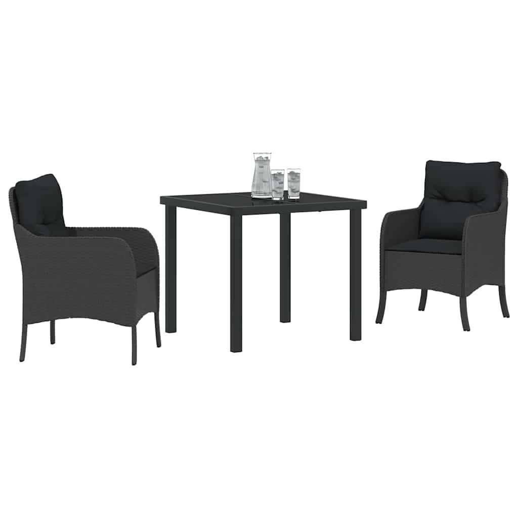 Tuin eettafelset met kussen 3 pcs Zwart poly rattan