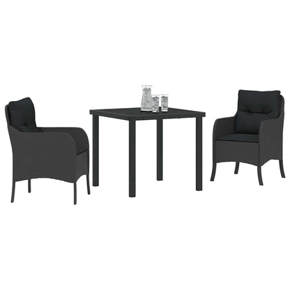 Tuin eettafelset met kussen 3 pcs Zwart poly rattan