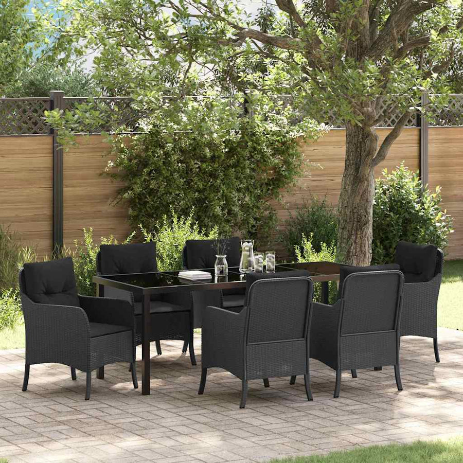 Tuin Eettafelset Met Kussen 7 Pcs Zwart Poly Rattan