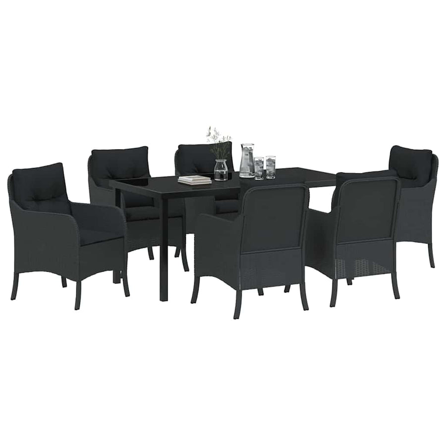 Tuin Eettafelset Met Kussen 7 Pcs Zwart Poly Rattan