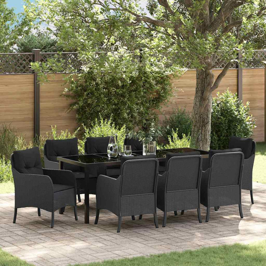 Tuin Eetset Met Kussen 9 Pcs Zwart Poly Riet