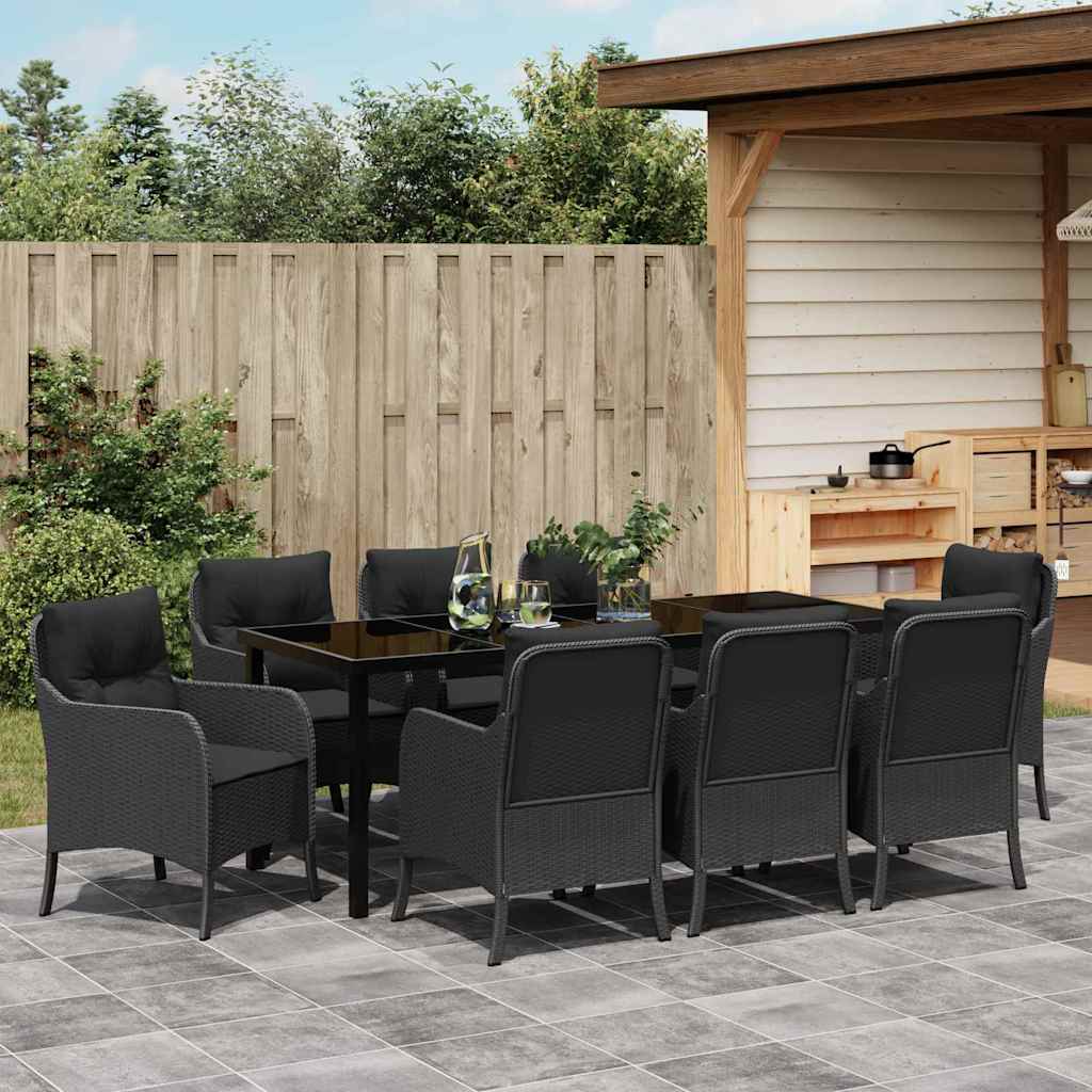 Tuin Eetset Met Kussen 9 Pcs Zwart Poly Riet