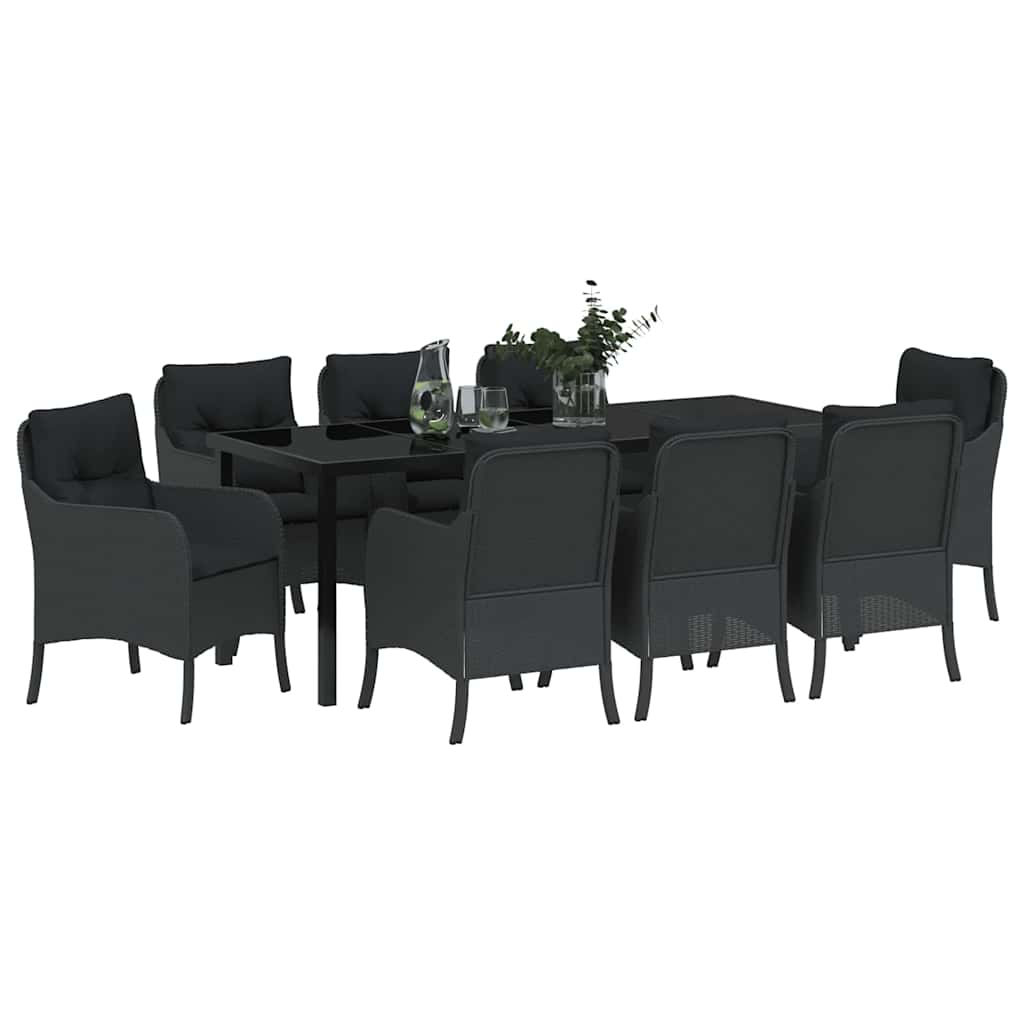 Tuin Eetset Met Kussen 9 Pcs Zwart Poly Riet