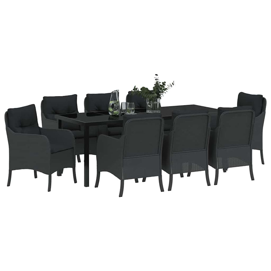 Tuin Eetset Met Kussen 9 Pcs Zwart Poly Riet