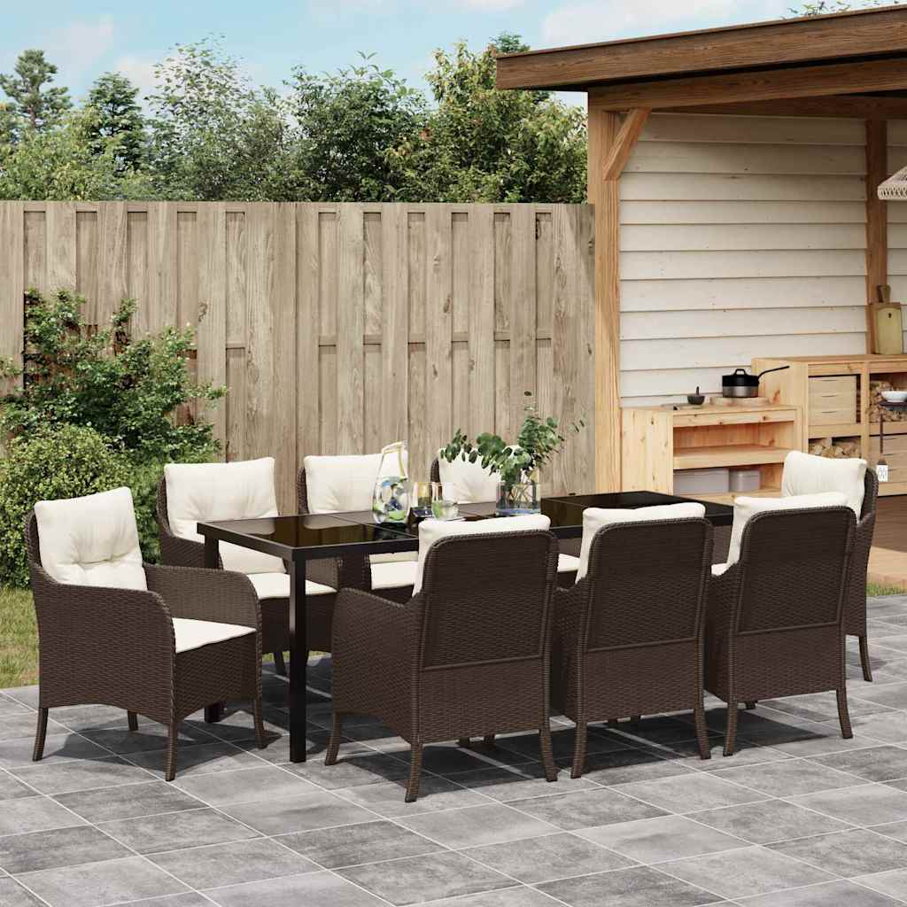 Tuin Eetset Met Kussen 9 Pcs Bruin Poly Riet