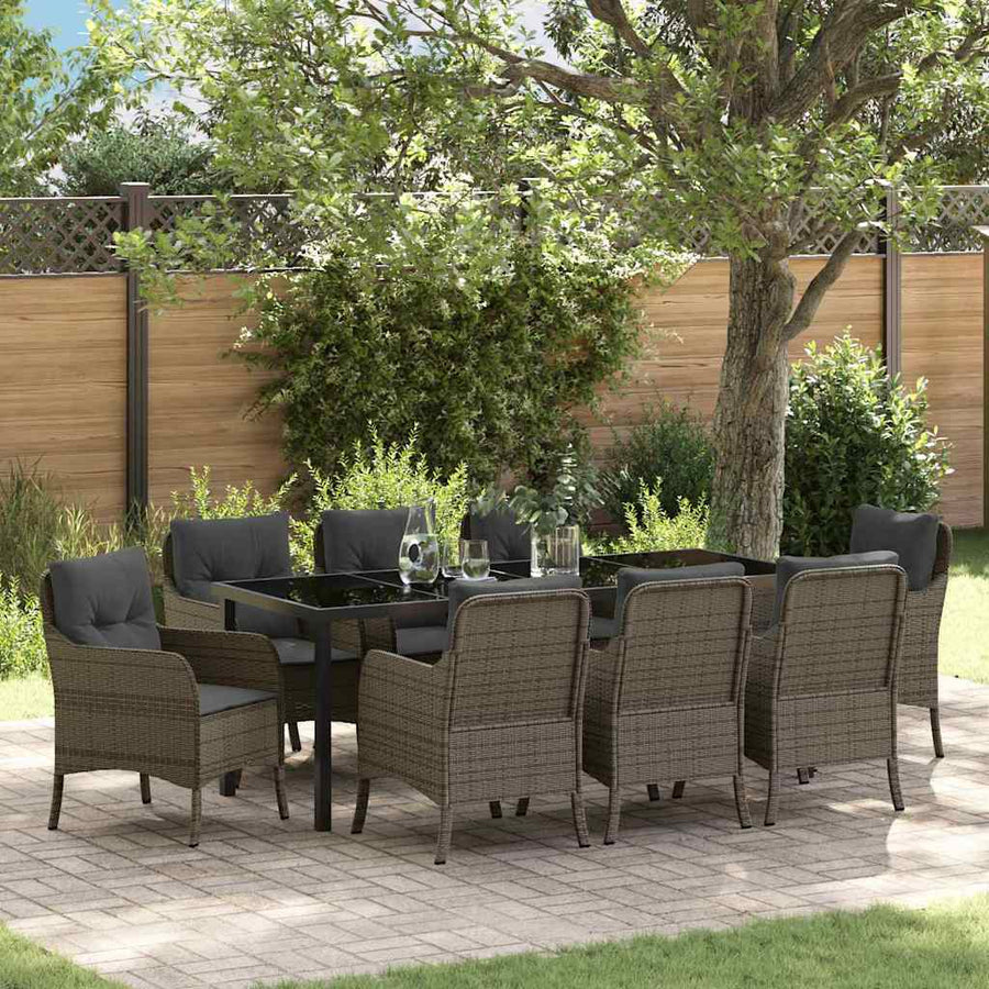 Tuin Eetset Met Kussen 9 Pcs Grijs Poly Riet