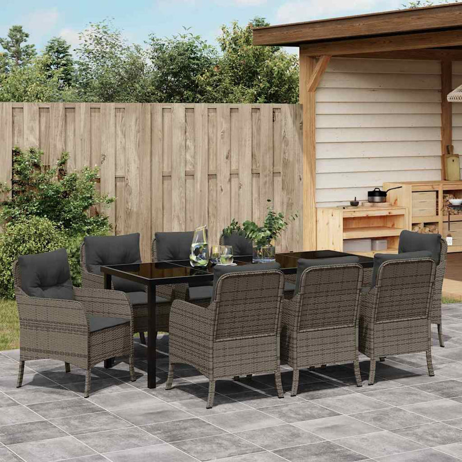 Tuin Eetset Met Kussen 9 Pcs Grijs Poly Riet