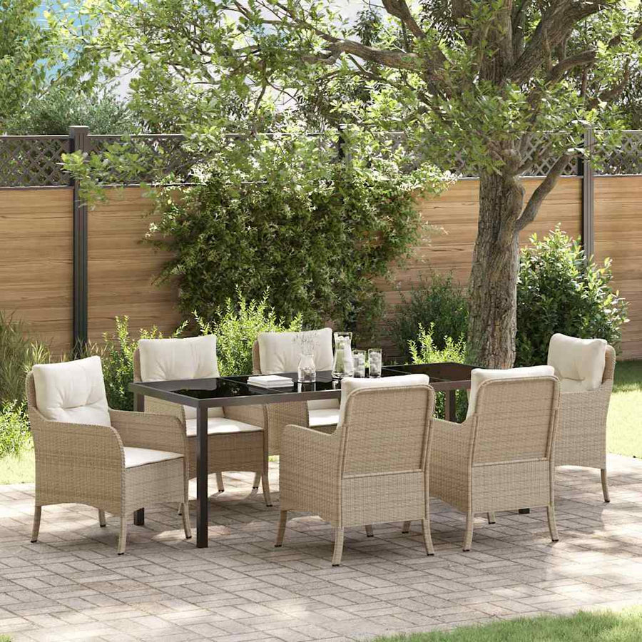 Tuin Eetset Met Kussen 7 Pcs Beige Poly Riet