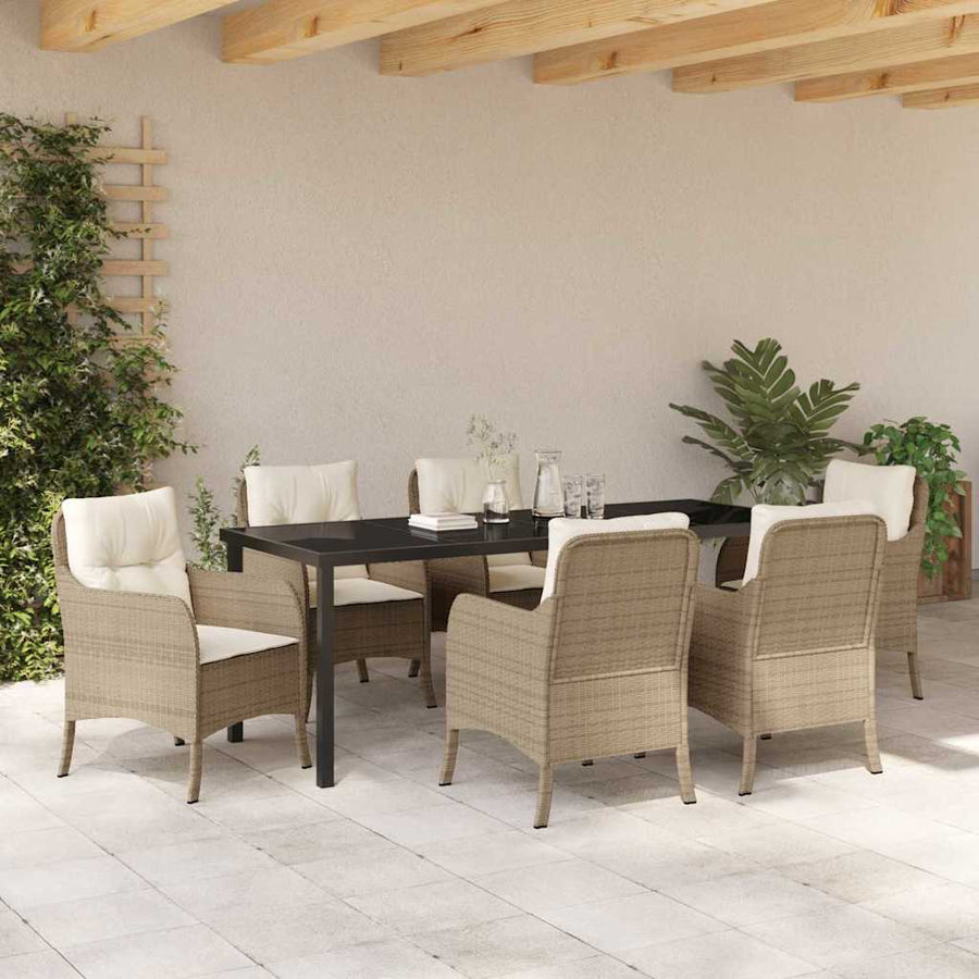 Tuin Eetset Met Kussen 7 Pcs Beige Poly Riet
