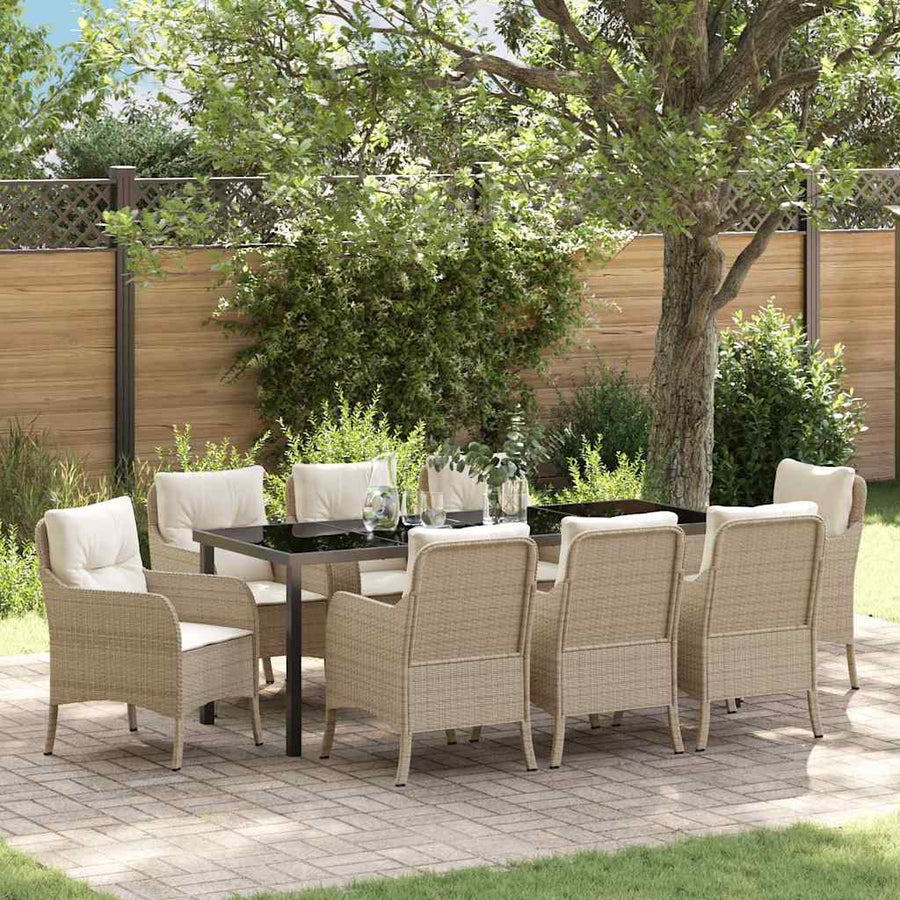 Tuin Eetset Met Kussen 9 Pcs Beige Poly Riet