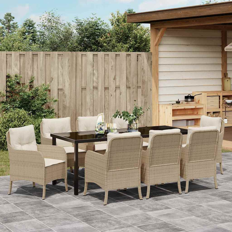 Tuin Eetset Met Kussen 9 Pcs Beige Poly Riet