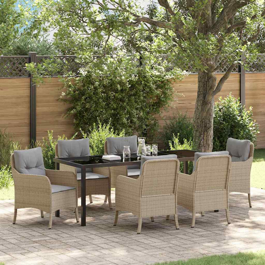 Tuin Eetset Met Kussen 7 Pcs Beige Poly Riet