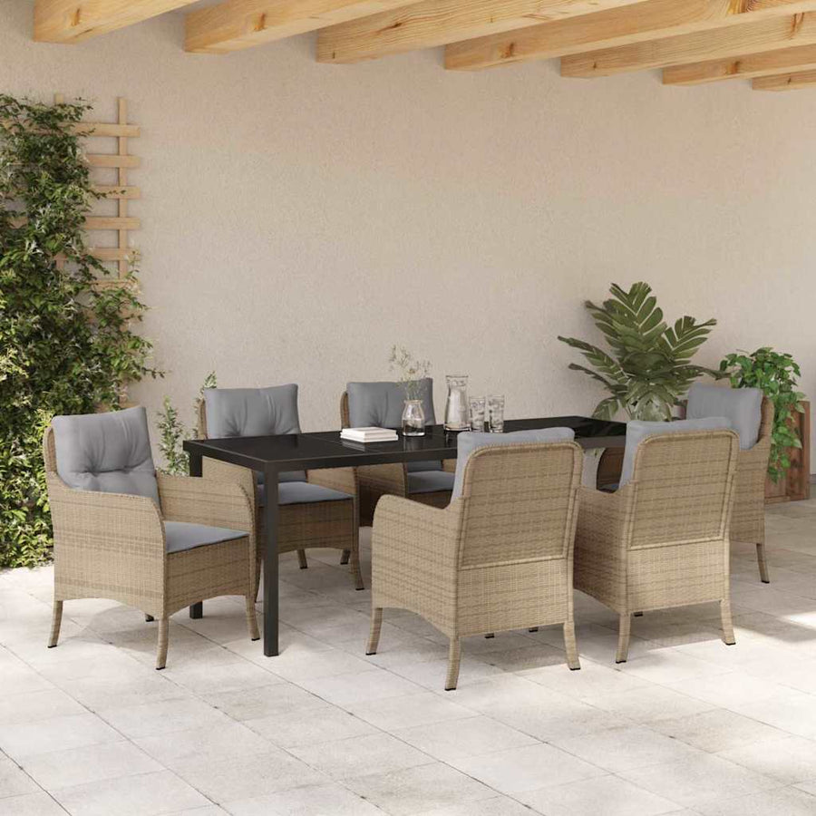 Tuin Eetset Met Kussen 7 Pcs Beige Poly Riet