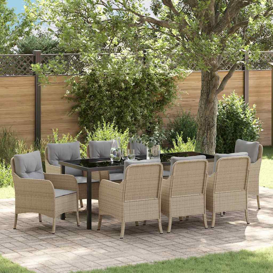 Tuin Eettafelset Met Kussen 9 Pcs Beige Poly Rattan