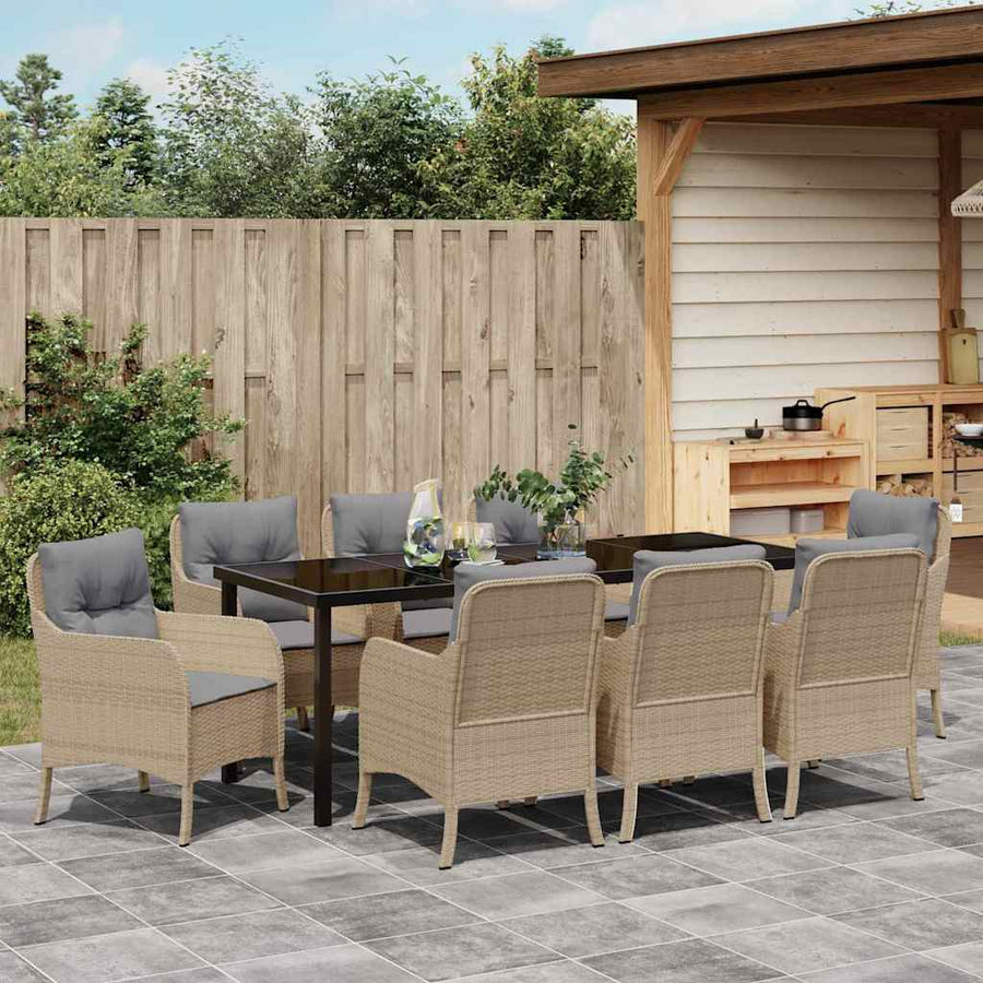 Tuin Eettafelset Met Kussen 9 Pcs Beige Poly Rattan